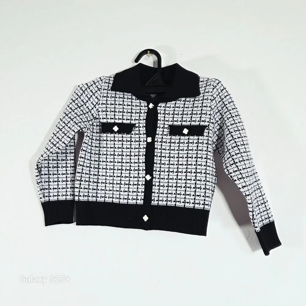 Toddler Girls Black White Tweed Knit Cardigan Sweater Size 3Y